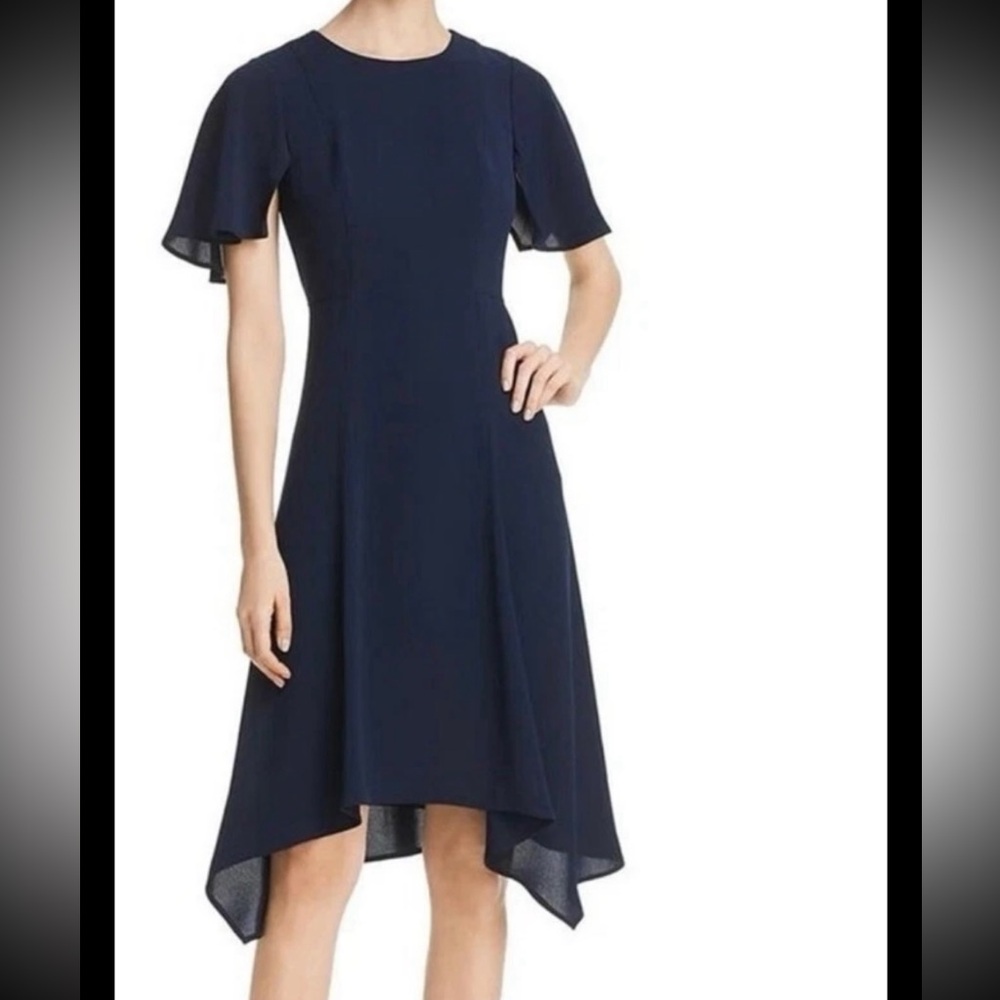 DONNA KARAN Dress Artisan Canvas Navy Blue Midi Asymmetrical Career Sz 4